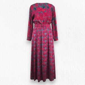 Vintage Halston III Silk Floral Red Pink Teal Plaid Belted Midi Dress Size 4 USA